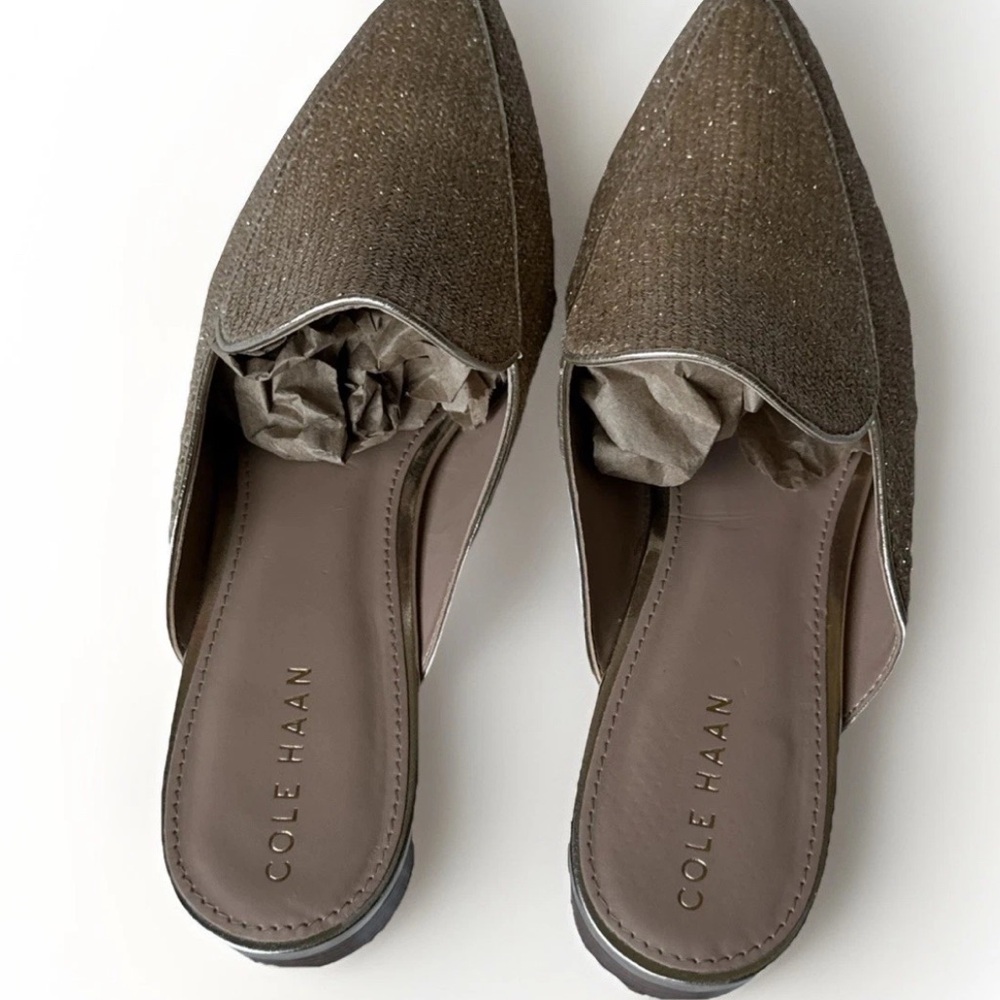 Cole Haan Gold Metallic Linen Piper Loafer Mule Size  9 B VGUC Bnfts Charity - Picture 5 of 9
